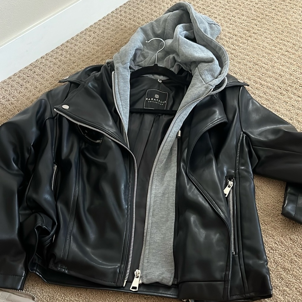 Black leather jacket with removable gray hood